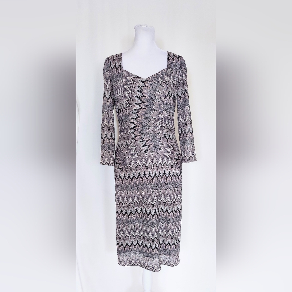 David Meister Long Sleeve Geometric Print Sheath Dress Brown Tan Size 6